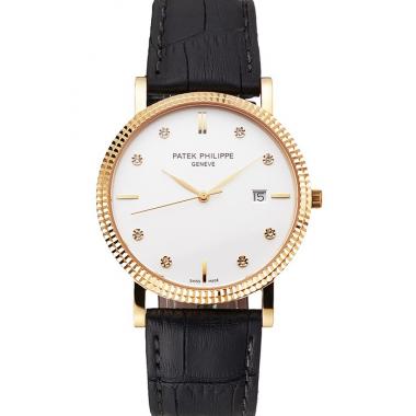 Patek Philippe Calatrava White Dial Diamond Hour Marks Ribbed Bezel Gold Case Black Leather Strap