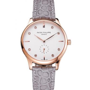 Patek Philippe Calatrava White Dial Diamond Markings Rose Gold Case Gray Leather Strap Replica