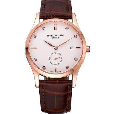 Patek Philippe Calatrava White Dial Diamond Numerals Rose Gold Case Brown Leather Strap  622834