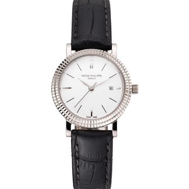 Cheap Patek Philippe Calatrava White Dial Double Ribbed Bezel Stainless Steel Case Black Leather Strap