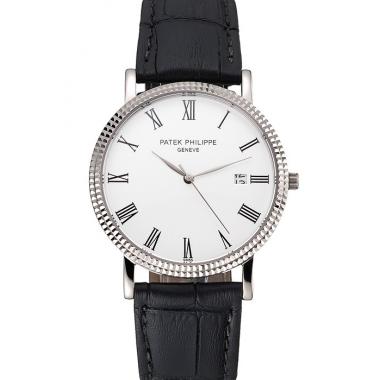 Patek Philippe Calatrava White Dial Roman Numerals Ribbed Bezel Stainless Steel Case Black Leather Strap