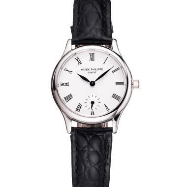 Patek Philippe Calatrava White Dial Roman Numerals Stainless Steel Case Black Leather Strap