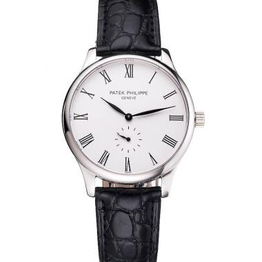 Cheap Patek Philippe Calatrava White Dial Stainless Steel Case Black Leather Strap