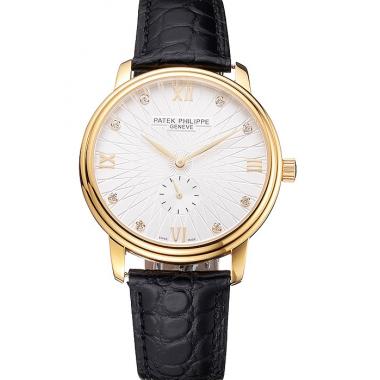 Patek Philippe Calatrava White Embossed Dial Gold Case Black Leather Strap