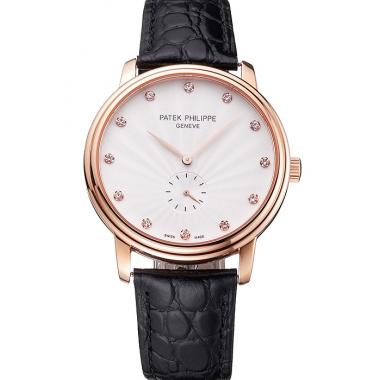 Patek Philippe Calatrava White Guilloche Dial Rose Gold Case Black Leather Strap