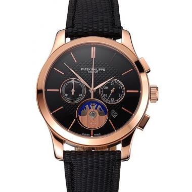 Patek Philippe Chronograph Black Dial Rose Gold Case Black Leather Strap