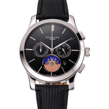 Patek Philippe Chronograph Black Dial Stainless Steel Case Black Leather Strap HM02288