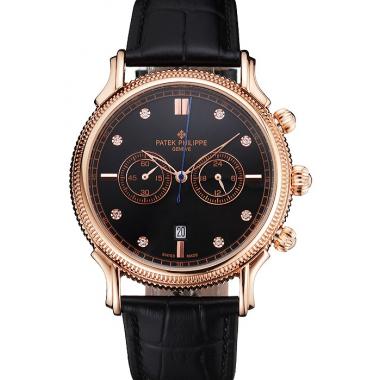 Patek Philippe Chronograph Black Dial With Diamonds Rose Gold Case Black Leather Strap