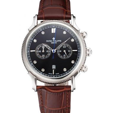 Replica Patek Philippe Chronograph Black Dial With Diamonds Stainless Steel Case Brown Leather Strap