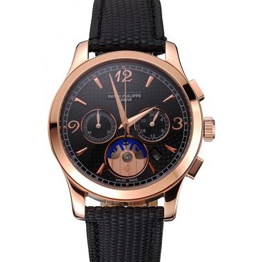 Cheap Patek Philippe Chronograph Black Guilloche Dial Rose Gold Case Black Leather Strap