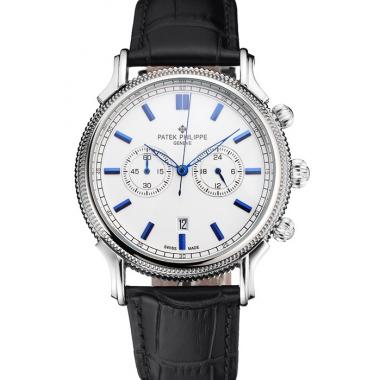 Patek Philippe Chronograph White Dial Blue Markings Stainless Steel Case Black Leather Strap