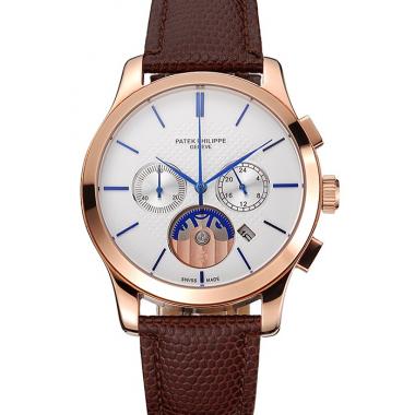 Cheap Patek Philippe Chronograph White Dial Rose Gold Case Brown Leather Strap