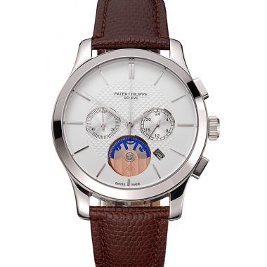 Patek Philippe Chronograph White Dial Stainless Steel Case Brown Leather Strap Replica