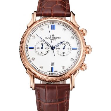 Replica Patek Philippe Chronograph White Dial With Blue And Diamond Markings Rose Gold Case Brown Leather Strap