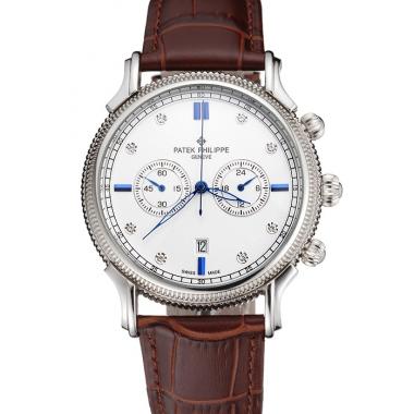 Patek Philippe Chronograph White Dial With Diamond And Blue Markings Stainless Steel Case Brown Leather Strap Replica