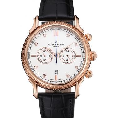 Patek Philippe Chronograph White Dial With Diamonds Rose Gold Case Black Leather Strap