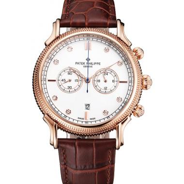 Patek Philippe Chronograph White Dial With Diamonds Rose Gold Case Brown Leather Strap Replica