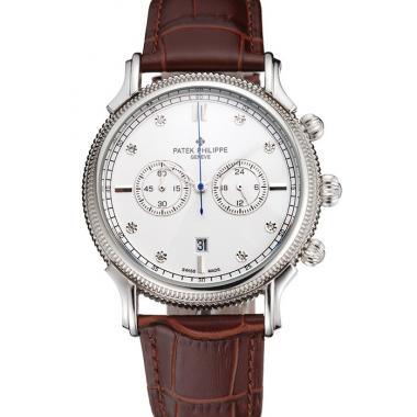 Cheap Patek Philippe Chronograph White Dial With Diamonds Stainless Steel Case Brown Leather Strap