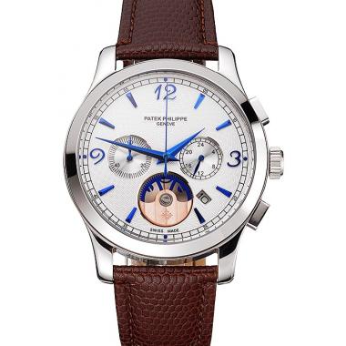 Patek Philippe Chronograph White Guilloche Dial Blue Hands Stainless Steel Case Brown Leather Strap