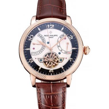 Cheap Patek Philippe  Tourbillon Power Reserve Black And White Dial Rose Gold Case Brown Leather Strap