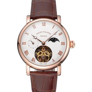 Patek Philippe Complications Moonphase Tourbillon White Dial Rose Gold Case Brown Leather Strap