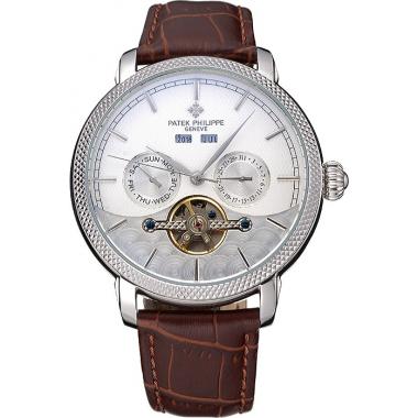 Replica Patek Philippe Day Date Tourbillon White Dial Stainless Steel Case Embossed Bezel Brown Leather Strap  622837