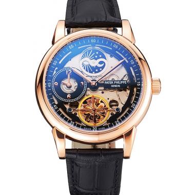 Patek Philippe Dual Time Moonphase Tourbillon Black Skeletonised Rose Gold Case Black Leather Strap