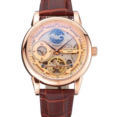 Patek Philippe Dual Time Moonphase Tourbillon Gold Skeletonised Dial Rose Gold Case Brown Leather Strap