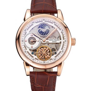 Replica Patek Philippe Dual Time Moonphase Tourbillon White Skeletonised Dial Rose Gold Case Brown Leather Strap