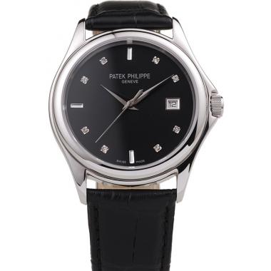 Patek Philippe Geneve Calatrava Crystal Studded Hour Marker Black Dial Black Leather Strap 98170