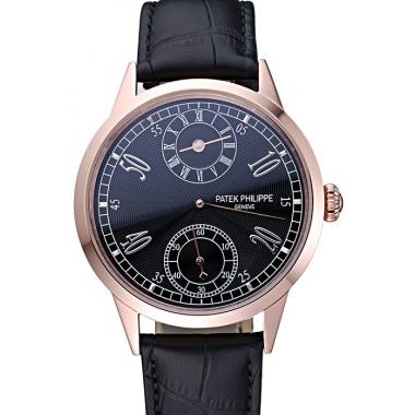 Cheap Patek Philippe Geneve Two Dial Black Dial Rose Gold Bezel Black Leather Band  622146