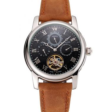 Patek Philippe Grand Complications Day Date Tourbillon Black Dial Numerals Stainless Steel Case Brown Suede Leather Strap 1453816 Replica