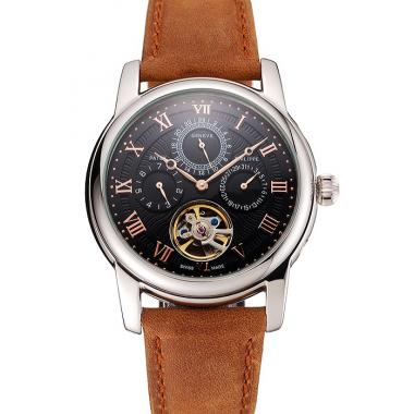 Patek Philippe Grand Complications Day Date Tourbillon Black Dial Rose Gold Numerals Stainless Steel Case Brown Suede Leather Strap 1453815 EY Replica