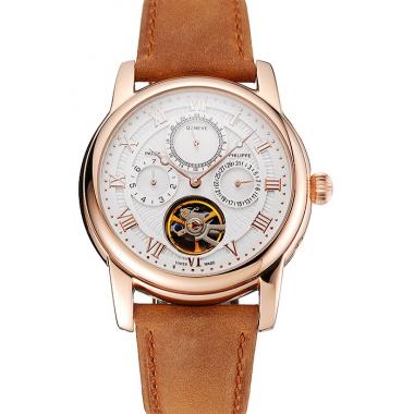 Patek Philippe Grand Complications Day Date Tourbillon White Dial Rose Gold Case Brown Suede Leather Strap 1453813