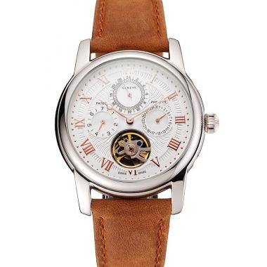 Patek Philippe Grand Complications Day Date Tourbillon White Dial Rose Gold Numerals Stainless Steel Case Brown Suede Leather Strap 1453818 EY