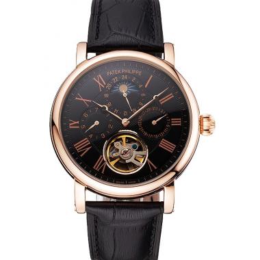 Patek Philippe Grand Complications Moonphase Perpetual Calendar Tourbillon Black Dial Rose Gold Case Black Leather Strap