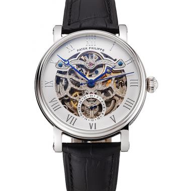 Patek Philippe Grand Complications White Skeleton Dial Stainless Steel Case Black Leather Strap 1453810 Replica