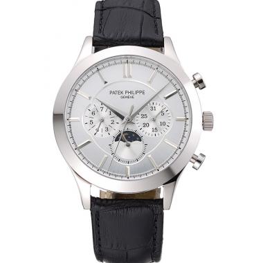 Patek Philippe Moonphase Chronograph White Dial Stainless Steel Case Black Leather Strap  622841