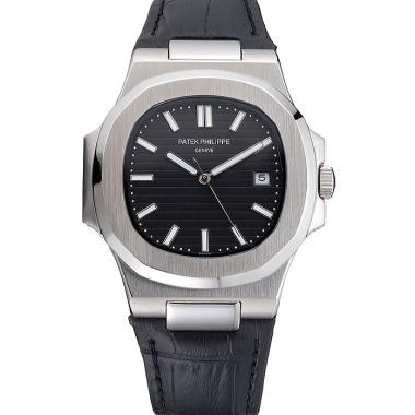 Patek Philippe Nautilus Black Dial Brushed Stainless Steel Case Black Leather Strap Replica