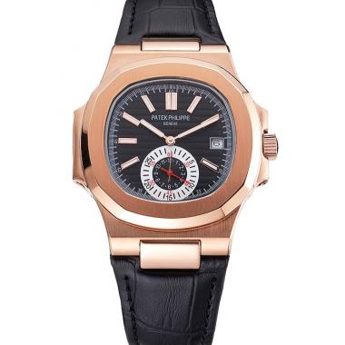 Patek Philippe Nautilus Black Dial Rose Gold Case Black Leather Strap