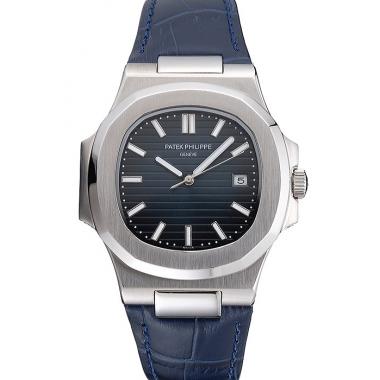 Patek Philippe Nautilus Blue Dial Brushed Stainless Steel Case Blue Leather Strap