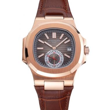 Patek Philippe Nautilus Gray Dial Rose Gold Case Brown Leather Strap