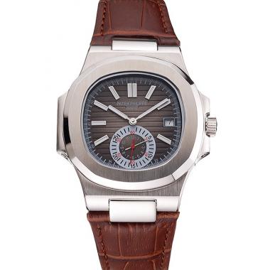 Patek Philippe Nautilus Gray Dial Stainless Steel Case Brown Leather Strap