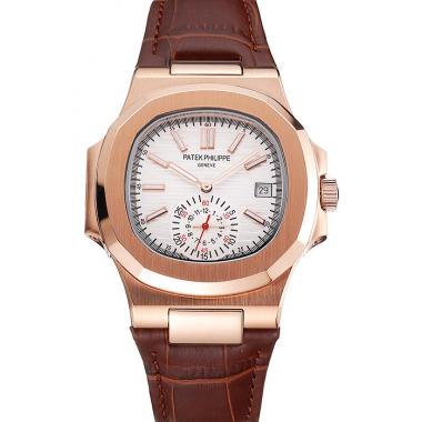 Patek Philippe Nautilus White Dial Rose Gold Case Brown Leather Strap