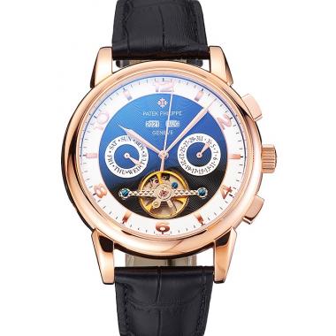 Patek Philippe Perpetual Calendar Tourbillon Black And White Dial Rose Gold Case Black Leather Strap Replica