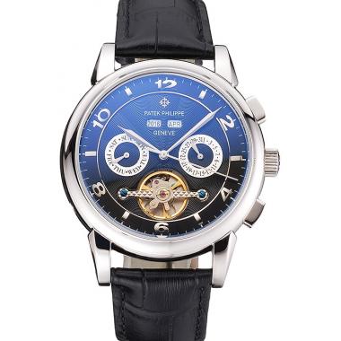 Replica Patek Philippe Perpetual Calendar Tourbillon Black Dial Stainless Steel Case Brown Leather Strap