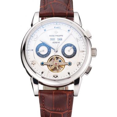 Patek Philippe Perpetual Calendar Tourbillon White Dial Stainless Steel Case Brown Leather Strap