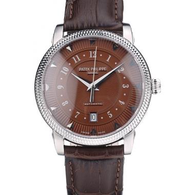 Patek Philippe Swiss Calatrava Ribbed Bezel Brown Dial Brown Leather Strap 7658 Replica