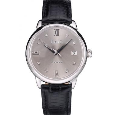 Piaget Swiss Traditional Grey Dial Black Leather Strap 7627