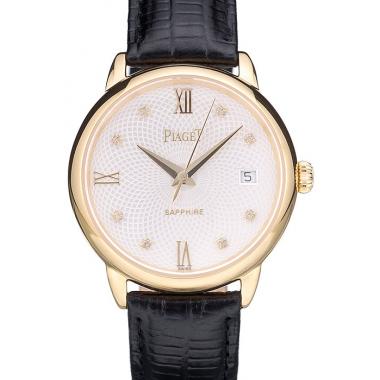 Replica Piaget Swiss Traditional White Radial Pattern Dial Black Leather Strap 7635